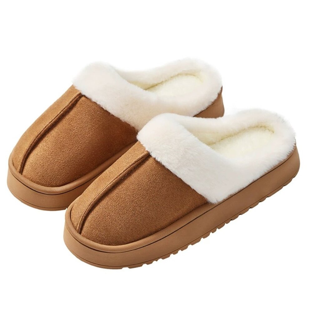 Women's Faux Fur Lined Slip-On SlippersCozy Warm Winter House Shoes~ (Camel/Tan)